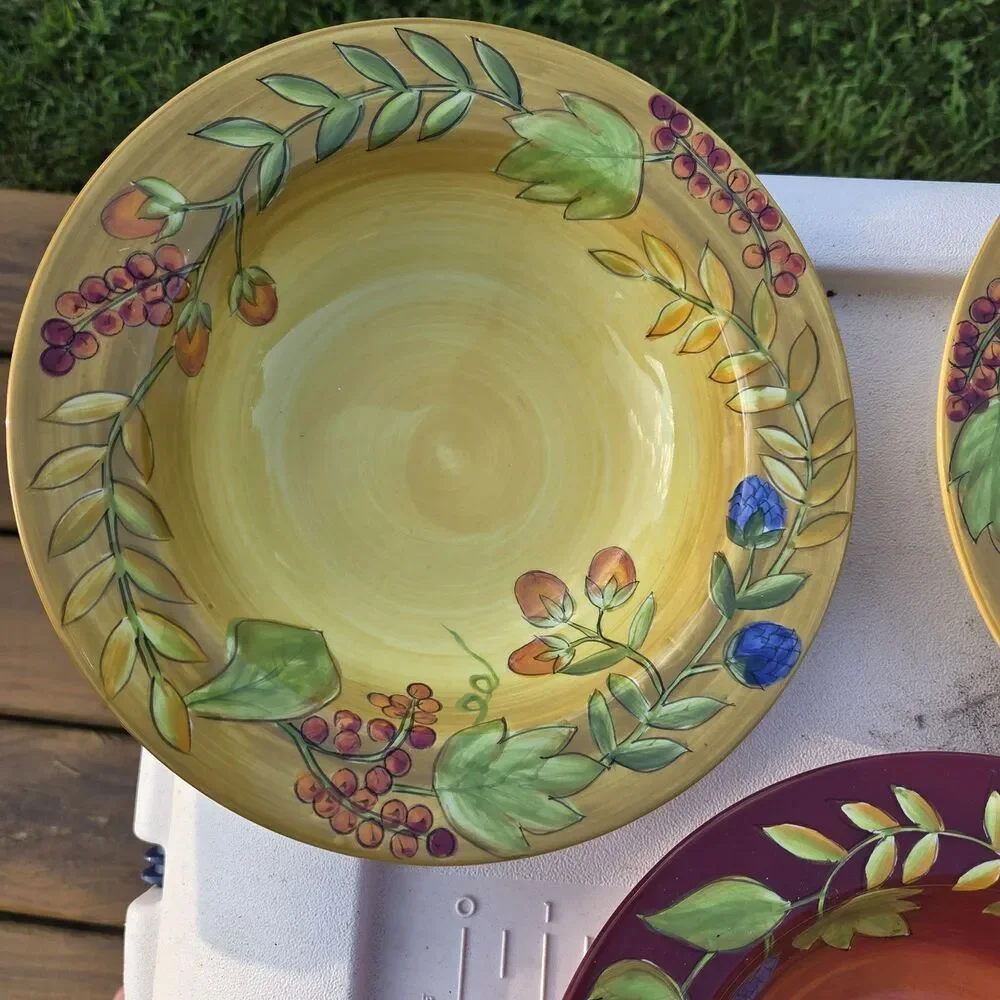 Gates Ware by Laurie Gates 4pc Ceramic Bowl Set Floral Yellow Burgundy Green
